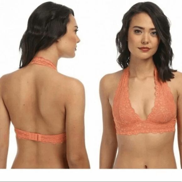 Free People Bright Orange Lace Halter Neck Bralette Size Medium - Picture 6 of 7
